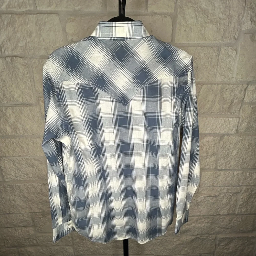 Wranglers Plaid Shirt Faux Pearl Snaps NWT Size Large Blue and Cream - Picture 2 of 6